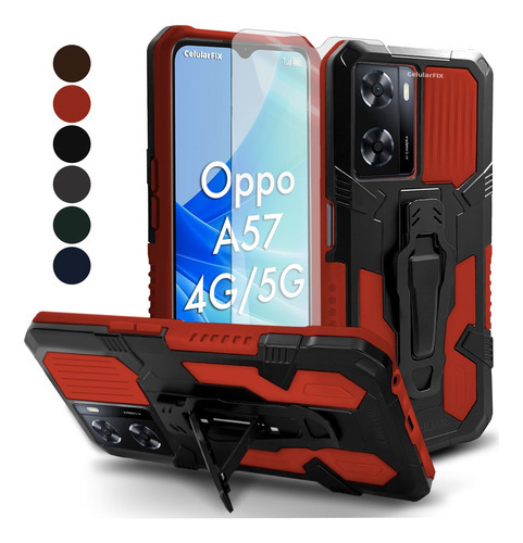 Funda P/ Oppo A57 4g/5g, Droidex Con Clip Integrado + Mica Color Rojo Oppo A57 4g/5g