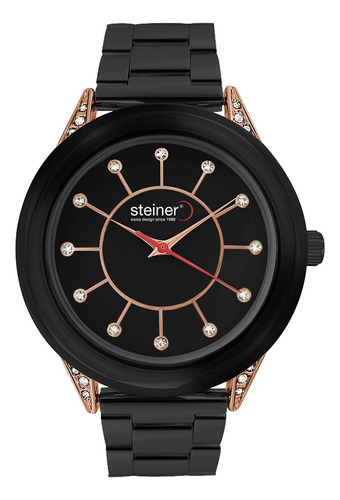 Reloj Para Mujer Análogo Steiner Anillo De Cristales 37 Mm Correa Negro Bisel Oro rosa Fondo Negro