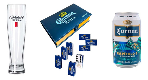 Domino Corona Extra Azul + Vaso Michelob + Lata Corona Cap 3