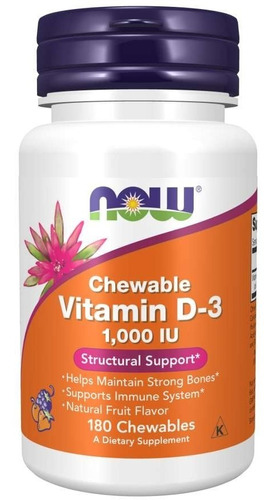 Now Foods Vitamina D-3, 1000 Ui, 180 Masticables Sabor Fruta natural