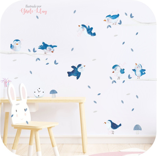 Vinilo Decoración Infantil Pájaros Azules Pajaritos Bebe