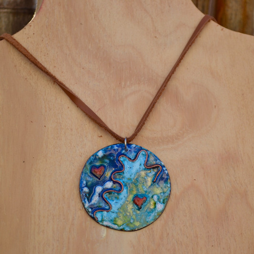Imagen 3 de 4 de Collar Mar, ,mini Cuadro Pintado A Mano Con Esmalte En Cobre