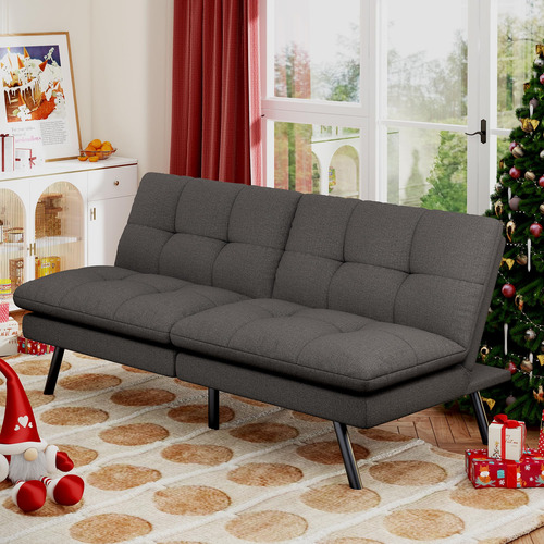 Sofá Cama Futón Convertible De Tela Lino Gris Ajustable