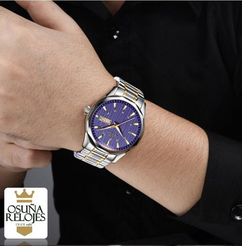 Relógio Masculino Luxo Original Dourado Prata Azul 0853