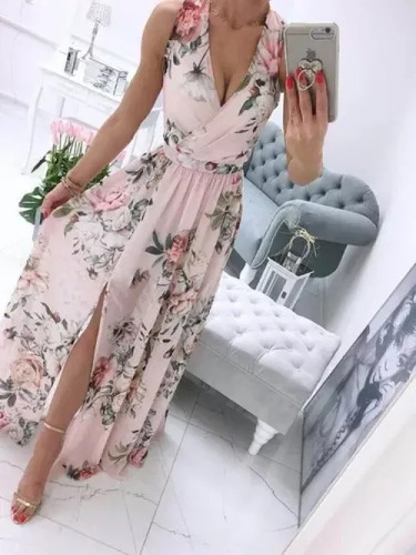 Maxivestido Con Estampado Floral Y Cuello En V Con Cinturón