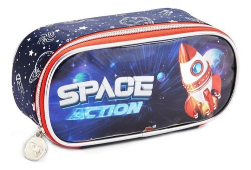 Kit Mochila Com Rodinhas Foguete Astronauta Infantil Menino Cor Azul-escuro