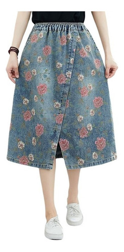 Falda De Jeans Con Estampado De Flores Falda Midi Para Mujer
