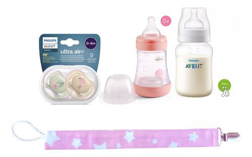 Set Recien Nacido Avent Classic ®  2 Mamaderas 2 Chupetes Clip Nena