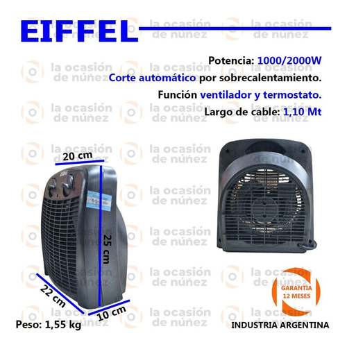 Imagen 2 de 6 de Caloventor Electrico Eiffel 1000/2000w Ventilador Termostato