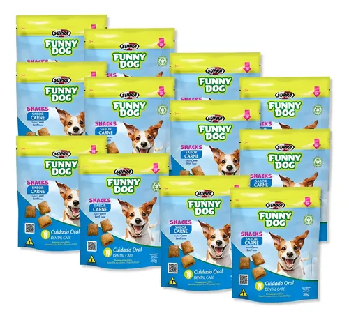 Kit Com 12 Funny Dog Snacks Petisco Para Cães Carne Oral 80g