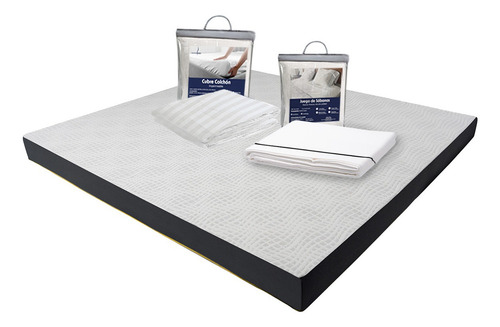 Colchón King Size En Caja 15cm + Sábanas + Protector Blanco Con Gris