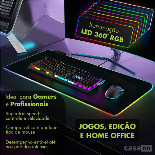 Mouse Pad Gamer Extra Grande Rgb Led Speed Usb 80x30cm Led Mousepad Rgb Colorido Para Mesa De Jogo Pc, Desktop E Computador Casenn Preto
