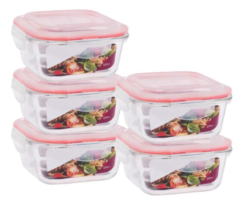 Pote para alimentos Ecos Kit 5 potes vidro hermético trava quadrado 520ml marmita 520mL palha