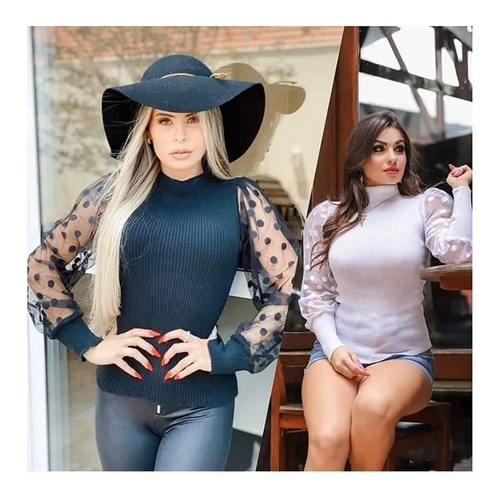 Imagem 9 de 10 de 8 Blusas Feminina Gola Alta Manga Tule
