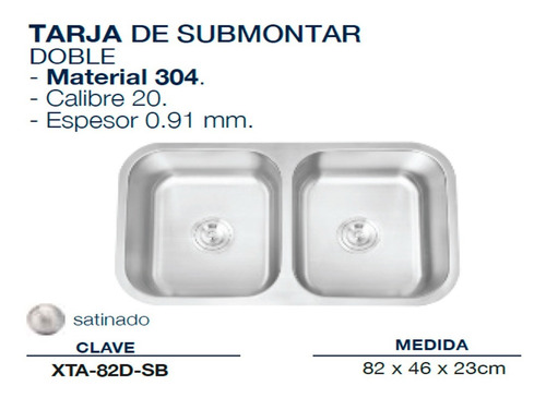 Imagen 3 de 6 de Tarja Doble Submontar Acero Inox 304 Medida 82x46x23 Cm