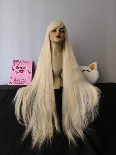 Peruca Wig Loira Platinad 1 Metro 110cm Longa Franja Premium