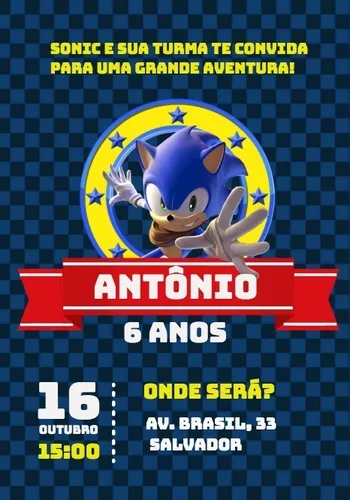 Convite Aniversário Comemoração Festa Criança - Sonic 01