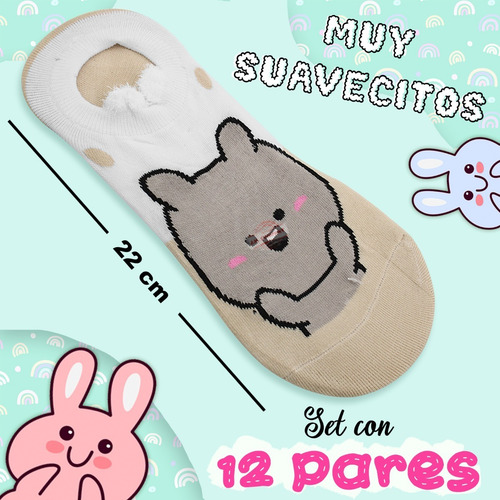 Imagen 2 de 7 de Docena Tin Para Dama Orejitas Kawai Calcetin Variado Mayoreo