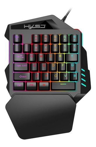 Teclado de una mano gamer HXSJ V100 color negro con luz rainbow