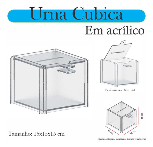 Urna Acrílico Sorteio Caixa Sugestões Cubo Cofre 15 X 15 Cm