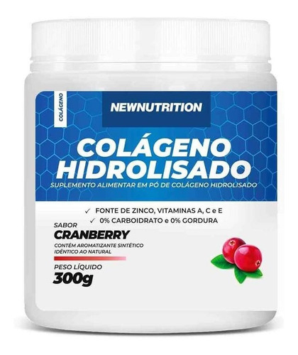 Colágeno Hidrolisado Em Pó Com Vitaminas 300g New Nutrition Sabor Cranberry