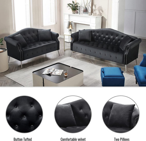 Juego De 2 Sofas Modernos Biplaza Color Negro Marca Homtique