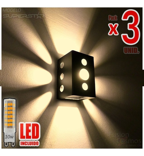 Aplique Pared Exterior Efecto Fx C/ Lámpara Led 10w Pack X3u