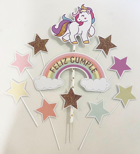 Cake Topper Adorno Torta Feliz Cumpleaños Unicornio Glitter