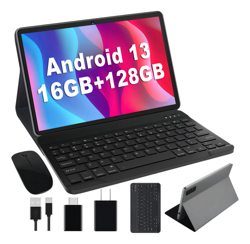 2024 Newest Tablet 10 Pulgadas Android 13 16GB RAM+128GB Memoria Rápida, Octa-Cores Súper, WiFi 6(5G+2.4G), BT 5.0, GMS Certified, 13MP+5MP, 8000mAh, Cuerpo Metálico con Funda, Teclado y Ratón, Gris