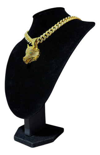 Collar Cubana Ice + Dije Lobo Ice Strass Simil Oro Trap Dorado