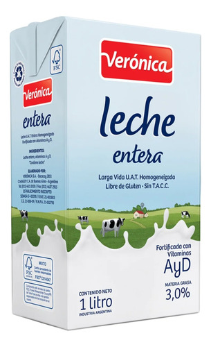 Leche Veronica Entera Larga Vida 1 Litro X 12