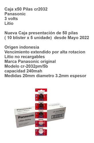 Imagen 3 de 5 de Panasonic Cr-2032 Caja X50 Unidades Litio 3v Cr2032