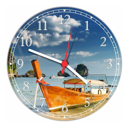 Relógio De Parede Grande 40 Cm Paisagem Praia Barco Mar