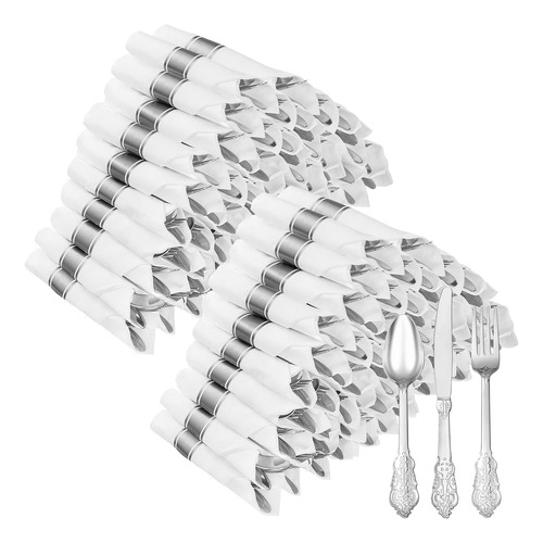 Paquete De 100 Cubiertos Desechables Plateados Y Servilletas