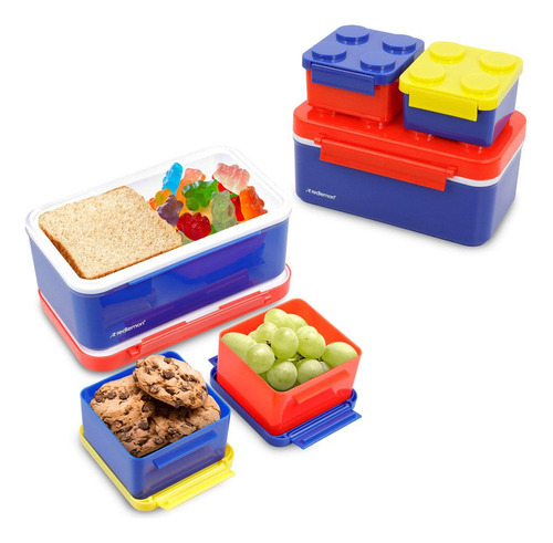 Redlemon Lonchera para Niños con 3 Contenedores Apilables en Forma de Ladrillos de Construcción, Recipientes para Comida Tipo Bento Box con Tapa Hermética, Ideal para Llevar el Lunch, Fácil de Limpiar