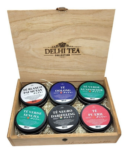 Imagen 1 de 3 de Caja Madera Delhi Tea Collection 6 Latas - Tés + Infusor 