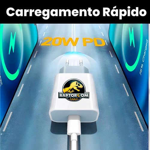 Raptorcom Carregador Para iPhone Turbo 20w 7 8 Plus X Xr 11 12 13 14 Pro Max