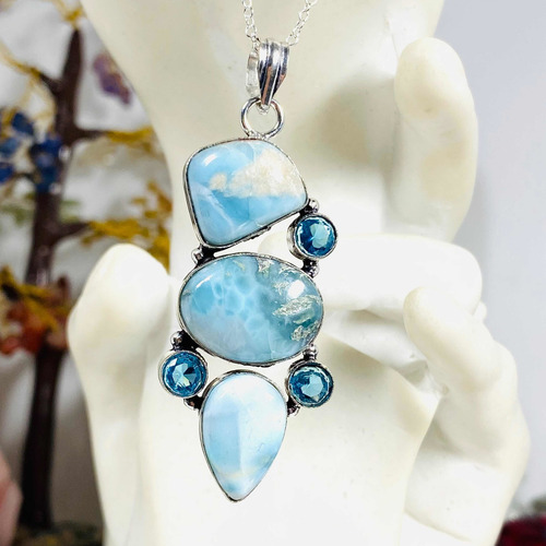 Imagen 5 de 7 de Colgante Plata India Larimar Y Topacio Azul 100% Natural Clt