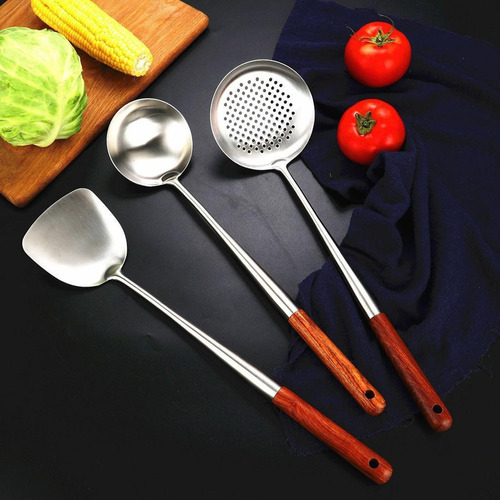 W Wok Espátula Cucharón Skimmer Práctico Mango De Madera
