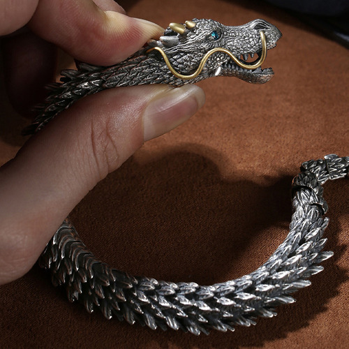 Y1m Pulsera De Dragón Chapada En Plata Para Hombre