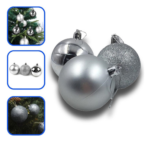 Kit Enfeites Bolas De Natal Mista Fosca/lisa/gliter 6cm C/9 Cor Prateado