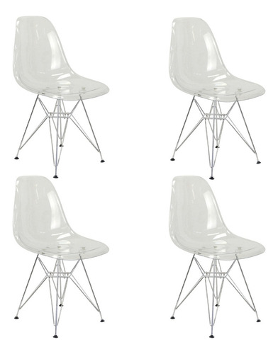 Kit 4 Cadeiras Eames Cristal Transparente Base Metal Cromado