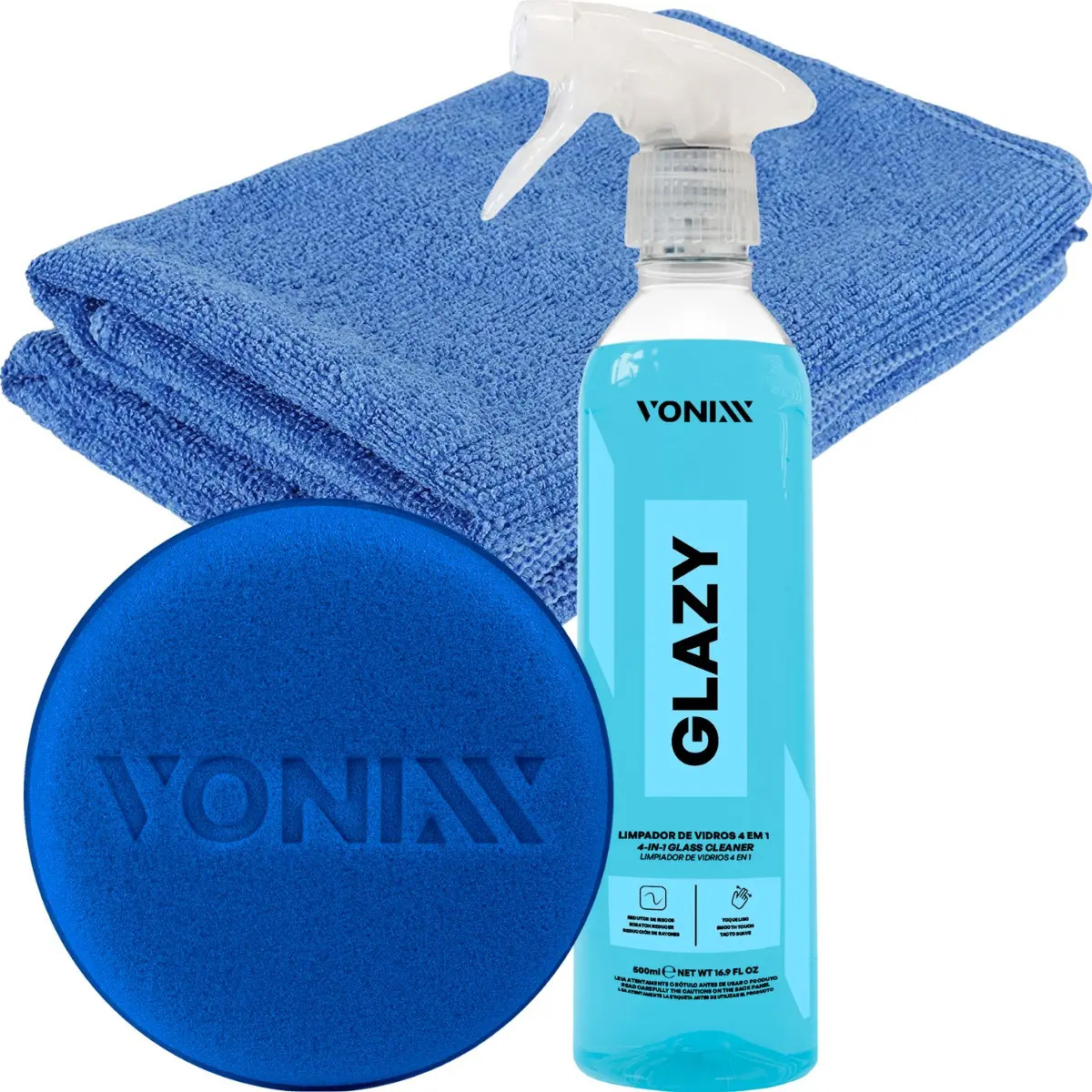 Kit Limpa Vidros 4 em 1 Vonixx com Toalha Microfibra e Aplicador 500ml