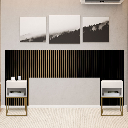 Cabeceira ripada casal queen king com 2 mesas de cab 1 gavt cor preto off white dourado lh móveis