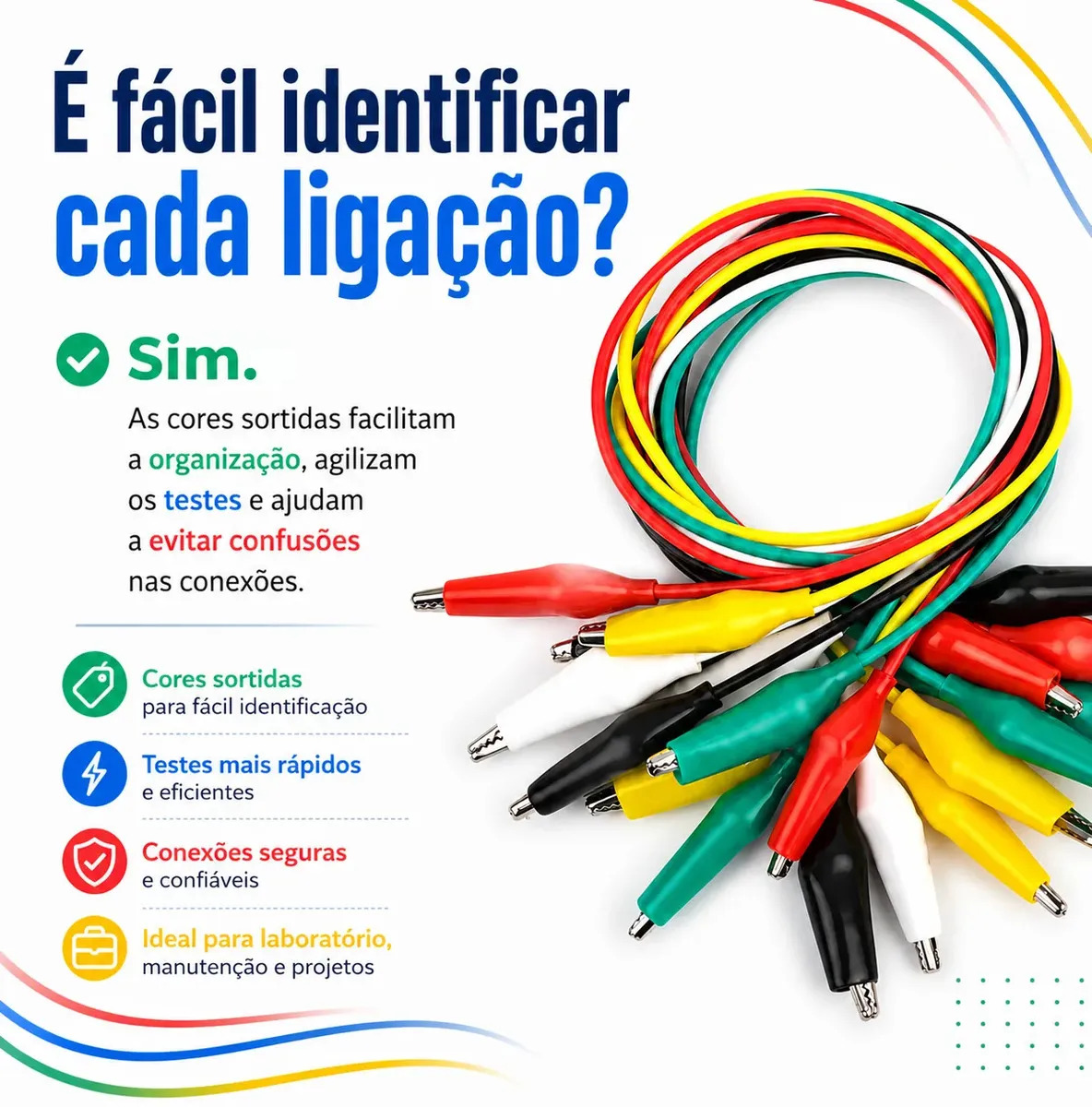 Kit 10 Cabos Garra Jacaré Dupla Coloridos Para Testes Eletrônicos Protoboard Fonte Multímetro Conexão Elétrica