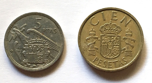 Lote. España, 100 Pesetas 1985 + 5 Pesetas 1957