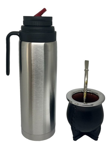 Set De Mate Cuero Con Termo De 1 Litro Y Bombilla De Bronce