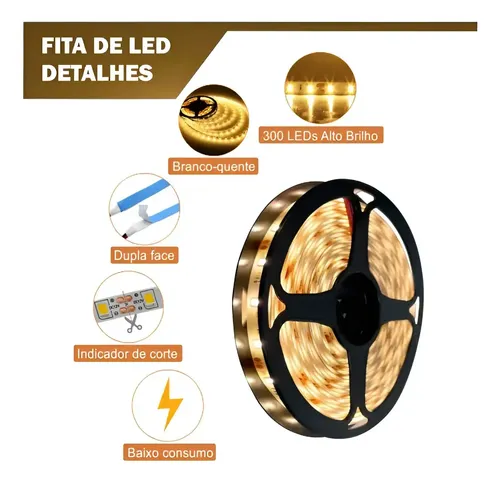 Fita Led Amarela 2835 Quente 5m 300 Led Dupla Face Fonte Cor da luz Branco-quente IP20 Maffacioli: imagem 6