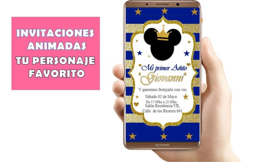 Invitación Animada Mickey Príncipe. Tarjeta  Primer Añito