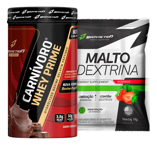 Whey Protein Bodyaction Carnívoro Whey Prime + Maltodextrina Sabor Morango Silvestre
